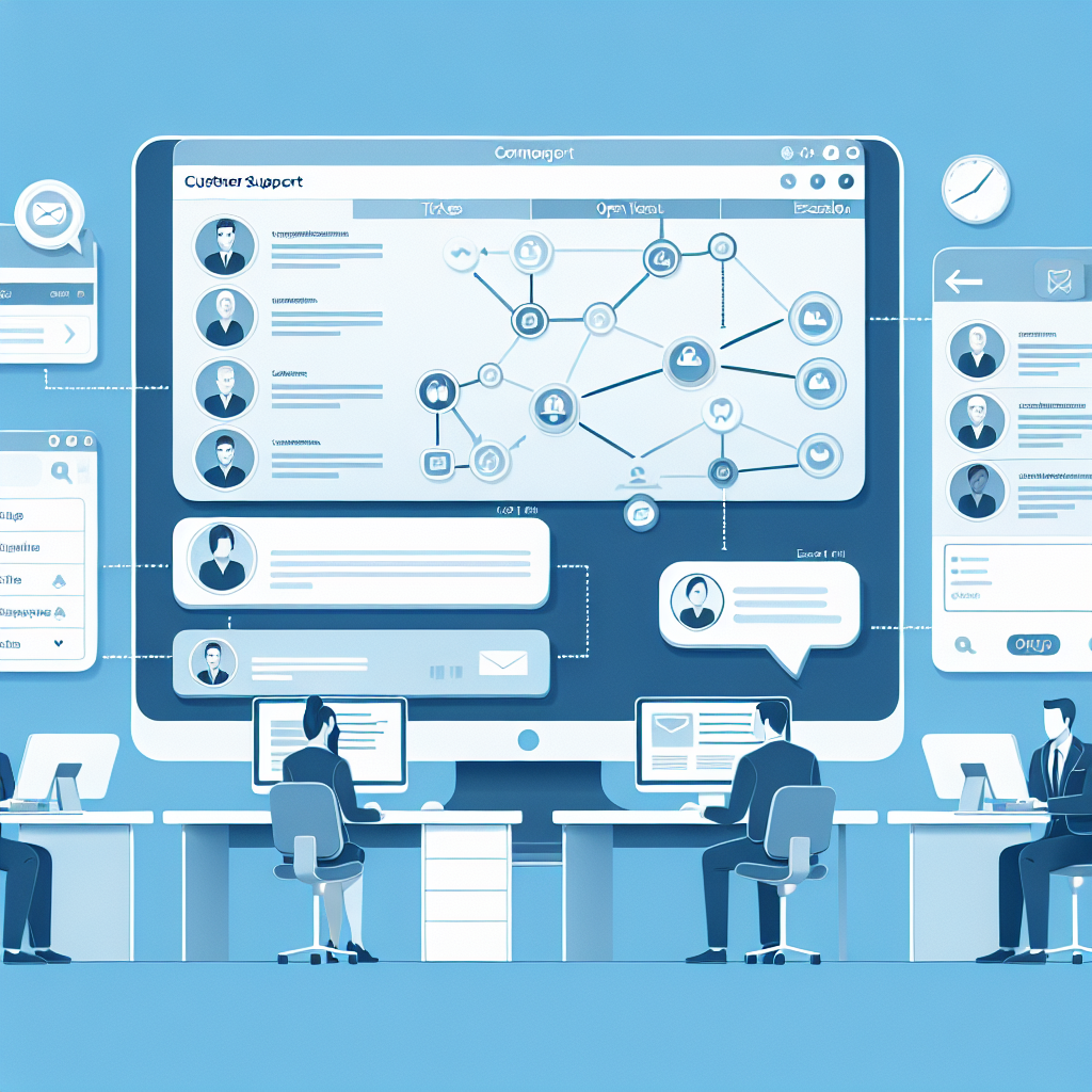 Illustrasjon av et moderne kundestøtteteam som samarbeider digitalt: skjermer med tickets, chatvinduer, og et tydelig flow-diagram for eskalering. Stil: ren, profesjonell, blå og hvit fargepalett.