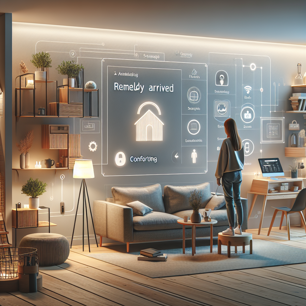 Nyankommet person som setter opp digitale kontoer og smarthus, moderne norsk leilighet med nordisk design, varm belysning, fokus på trygg teknologi